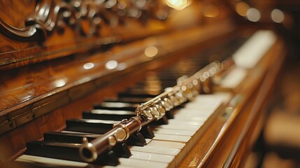 Flute, violin and guitar neck on piano