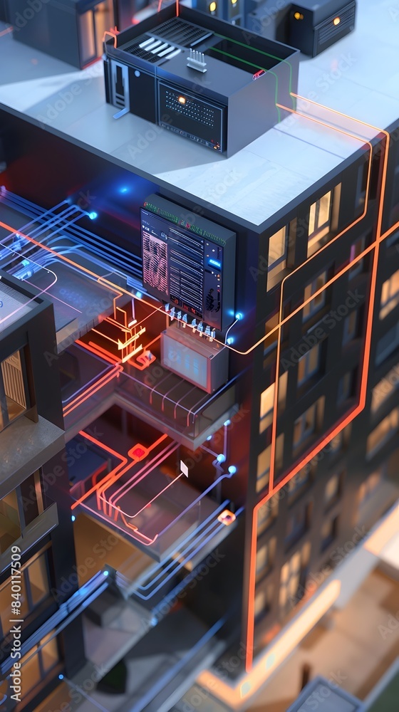 Poster smart building automation sleek 3d render of futuristic intelligent building infrastructure