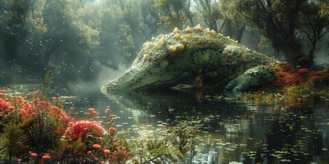 A crocodile is passively resting in the water amidst blooming flowers