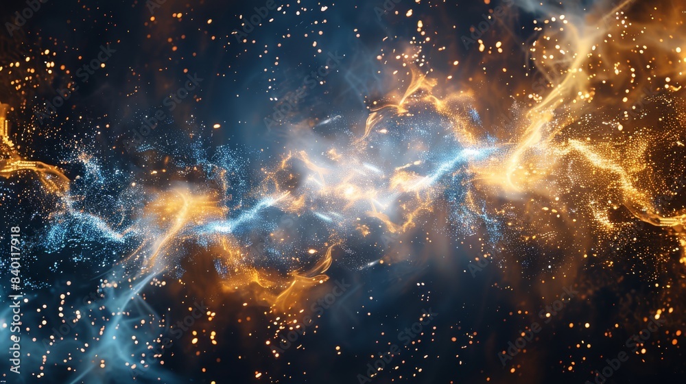 Poster dynamic motion left to right of sparks blue white yellow glowing colors. generative ai.