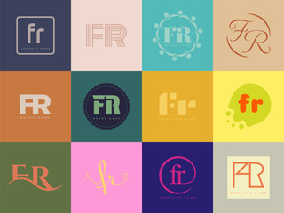FR logo company template. Letter f and r logotype. Set different classic serif lettering and modern bold text with design elements. Initial font typography.