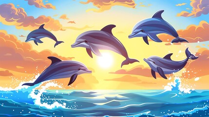Obraz premium Five dolphins leap from the ocean at sunset.