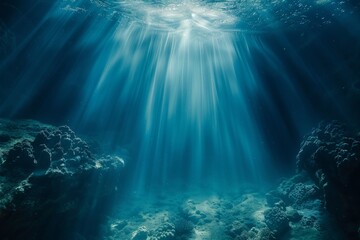 Obraz premium Sunlight penetrates water, illuminating coral reef