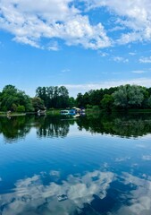 Green trees and sky reflection on the water surface, pond in the park