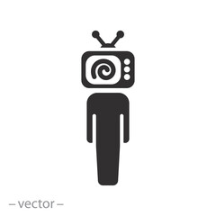 news fake manipulation icon, television addiction, influence media propaganda, lost person with tv monitor, flat symbol on white background - vector illustration