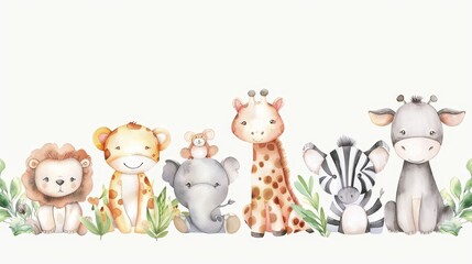 Cute baby safari animals illustrated in watercolor