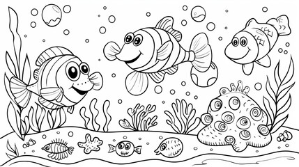 Friendless cartoon characters from the ocean: dolphins, crabs, shells, jellyfish, starfish, seahorses, and sharks. Illustrations for a black outline coloring book.