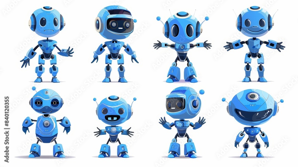 Poster an innovative robotics character with expression, a mascot for service with several emotions, an and