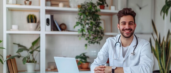 man doctor radiates warmth and competence against a serene blurred backdrop, exuding professionalism and empathy