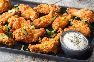Tasty Baked Curry Chicken Wings served with greek yogurt closeup on the plate on the marble table. Horizontal