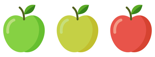 Vector set of ripe green, yellow and red apples with leaves. Apple icon isolated on white