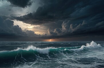 Fototapeta premium Seascape nature sunset at beach, storm.