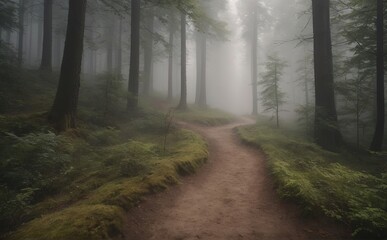 Obraz premium Landscape Green coniferous forest in the fog.