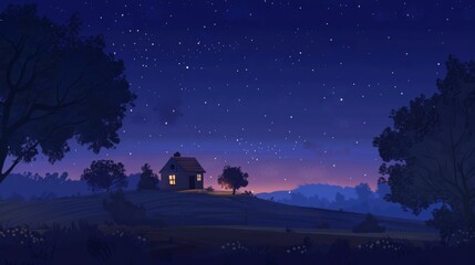 A cozy cottage with a warm light on a hill under a star-filled sky