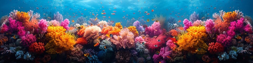 Fototapeta premium A coral reef full of colorful corals and fish underwater in the ocean