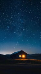 A small cabin with a warm light inside sits under a vast, star-filled sky