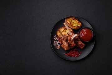 Delicious juicy meat on the bone or rack of lamb or grilled veal