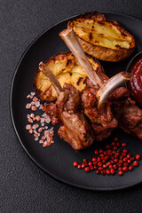 Delicious juicy meat on the bone or rack of lamb or grilled veal