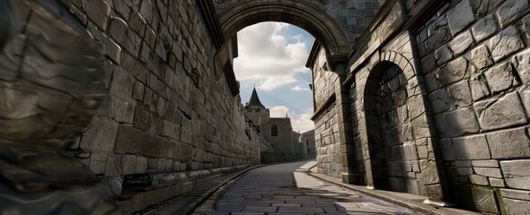 ancient city long stone wall with an archway leading to the street