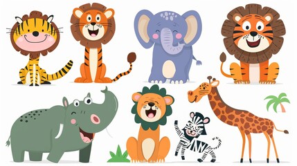 Various tropical animal cartoons with crocodiles, alligators, tigers, elephants, giraffes, lions, monkeys, chimpanzees, zebras, and rhinoceros.