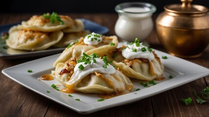 Ukrainian varenyky with sour cream and onions