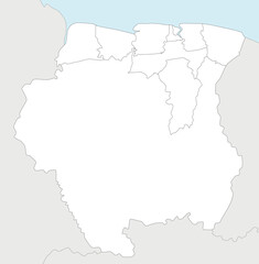 Vector blank map of Suriname with districts and administrative divisions, and neighbouring countries. Editable and clearly labeled layers.