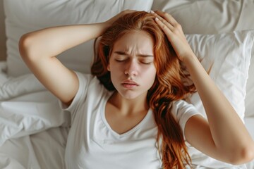 Fototapeta premium Woman reclining in bed with hands on head
