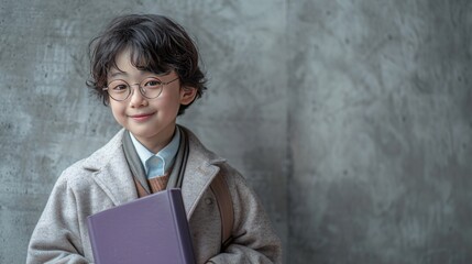 Portrait of a young professional boy with glasses, smiling and holding a book, with space for text on the left
