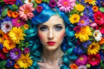 Portrait of a woman with vibrant blue hair surrounded by colorful flowers, blue hair, woman, portrait, flowers, beauty
