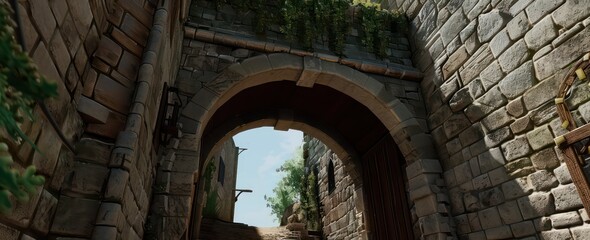 medieval stone wall with an archway leading to the street, an ancient city