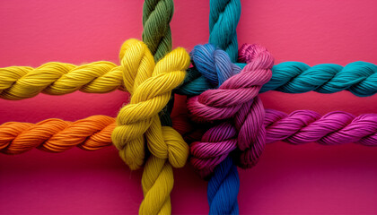 Team rope diverse strength connect partnership together teamwork unity communicate support. Strong diverse network rope team concept integrate braid color background cooperation empower power