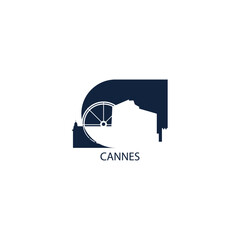 Cannes skyline, downtown panorama logo, logotype. France city badge contour, isolated vector pictogram with palace, monument, landmarks, skyscraper, fort