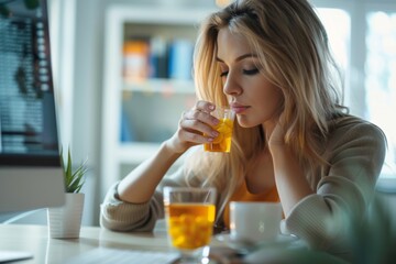 Blonde woman using laptop while drinking juice