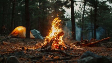 Cozy Wilderness Campfire. A cozy campfire scene in the middle of a forest, perfect for outdoor adventures and wilderness camping.