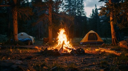 Cozy Wilderness Campfire. A cozy campfire scene in the middle of a forest, perfect for outdoor adventures and wilderness camping.
