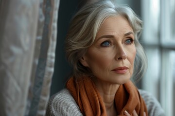 Fototapeta premium Woman gazing out window with blue eyes and blond hair wearing scarf