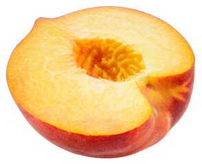 Peach half isolated png. Peach slice on transparent background. PNG format. Peach half no background. Full depth of field.