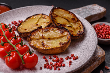 Delicious potato halves in skins baked on the grill