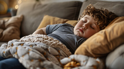 Tired fat child sleeping comfortably on a comfortable sofa at home