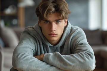 Obraz premium A seated young man with crossed arms
