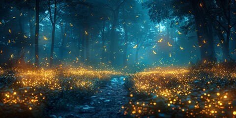 Fireflies are illuminating the dark forest at night