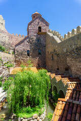 An oasis inside Dzama fortress. Mountain spring, weeping willow, monks' cells