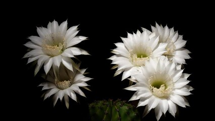 Time lapse footage of five white cactus flowers growing blossom from bud to full blossom isolated on black background, 4k front view video, close up b roll shot.