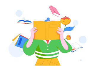 World Book Day Reading Character Flat Vector Concept Operation Hand Drawn Illustration
