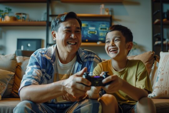 Playing video games at home with his son while he spends time with his father