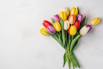 bouquet of tulips on light background. Red, yellow, orange, pink, white tulip with green leaves. Bouquet lying down on the table 