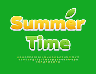 Vector bright poster Summer Time. Stylish Green Font. Artistic Alphabet Letters and Numbers.