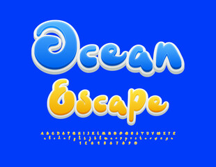 Vector touristic banner Ocean Escape. Sunny Yellow Font. Decorative Alphabet Letters and Numbers set.