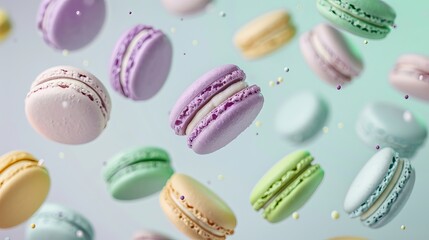 Pastel purple, green, blue, cream and yellow colored macaroons floating in the air