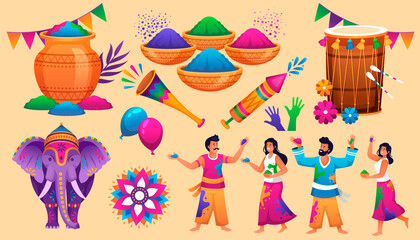 Gradient holi elements set collection with people and colorful powder